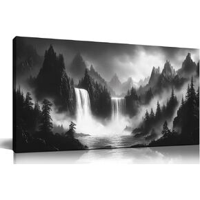 HUBOSKN Mountain Wall Pictures for Living Room Decor - Black and White Wall Art Bedroom - Waterfall Canvas Wall Art for Office Size 20" x 40"