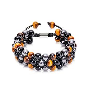 Triple Protection Bracelet for Men Women -Handmade Bracelets Natural Black Obsidian Tigers Eye Hematite Bring Prosperity Luck and Health,3 Layer Braided Rope Meaningful Bracelet