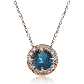 Ice Gems Sterling Silver, Yellow or Rose Gold Flashed London Blue Topaz and White Topaz Round Halo Necklace