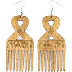 Teri's Boutique African Ethnic Wooden Carved Heart Comb Style Women Fashion Jewelry Dangle Earrings