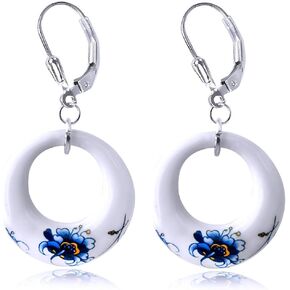 HAIXIAN Blue and white porcelain Enamel Flower Drop Earrings for Women,Porcelain Floral Statement Dangle Earrings,Platinum Plated Sterling Silver Hooks