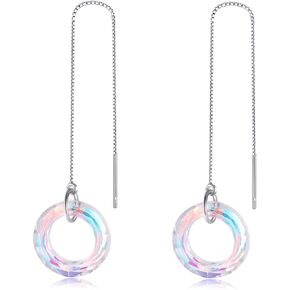 Threader Earrings for Women, S925 Sterling Silver Thin Chain Earrings, Long Dangle Circle Crystal Tassel Earrings, Lightweight CZ Rhinestone Dangling Charm Jewelry