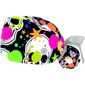 2 Pcs Adjustable Working Caps, Watercolor Skulls Splash Bouffant Scrub Hats Women Long Hair