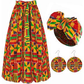 African Skirts for Women 3 Pcs Maxi Casual Dashiki Traditional Skirt High Waist Ankara Costume Boho Stretch Wrap Scarf