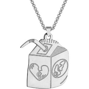 Gold/Silver Juice Box Pendant Necklace Stainless Steel Hip Hop Necklace for Women Men Funny Streetwear Necklace Lover Heart Juice Box Necklace for Lover Couple Jewelry Gift