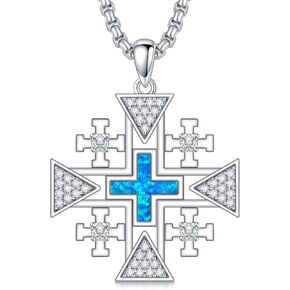 PELOVNY Jerusalem Cross Necklace 925 Sterling Silver Blue Opal Cross Pendant Necklace Religious Christian Jewelry Gifts for Women Men