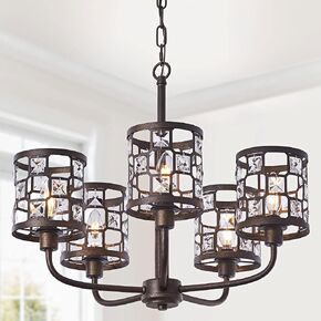 5-Light Farmhouse Chandelier, Industrial Bedroom Pendant Ceiling Light Fixture with Crystal, Height Adjustable, Vintage E12 Hanging Lamp for Dining Room, Oil Rubbed Bronze