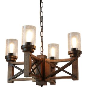 Wood Farmhouse Rustic Chandelier 4 Lights with Glass Shades, 22.8 inches Industrial Dinning Table Pendant Lamp Vintage Edison Hanging Light Fixture, Brown & Black, C0075