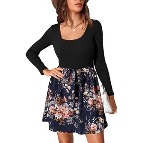 MakeMeChic Women's Plaid Long Sleeve Scoop Neck Fit and Flare Dress with Belt