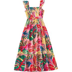 SOLY HUX Women's Summer Boho Square Neck Ruffle Flowy Long Dress Floral Print Beach Swing Midi Dresses