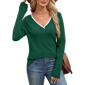 LUYAA Women's Casual Long Sleeve Sweaters V-Neck Patchwork Knit Tops Fashion Outfits Trendy