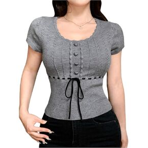 GORGLITTER Women's Bow Sweater Heart Short Sleeve Tie Front Knit Tops Coquette Clothes