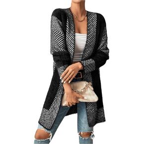 Women's Colorblock Long Sleeve Cardigan Sweater Open Front Knit Outwear Casual Fall Outfits