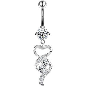 Heart Belly Button Rings Sexy 14G Surgical Stainless Steel Dangle Navel Barbell Stud Cubic Zirconia Body Piercing