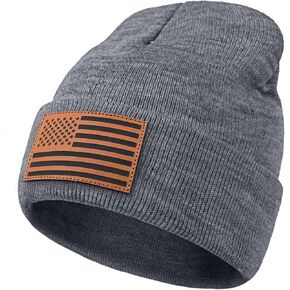American Flag Beanie for Men Women - Leather USA Flag Patch Cuffed Beanie for Tactical Winter Warm Hat