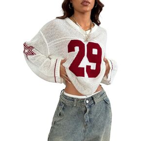 Verdusa Women's Oversized Hollow Out Crochet Jersey Shirts Graphic V Neck Pullover Sweater