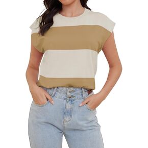 HVT Womens Sweater Vest Cap Sleeve Tops Summer Loose Fashion Vest Striped Casual Shorts Sleeve Color Block Top Trendy Blouses