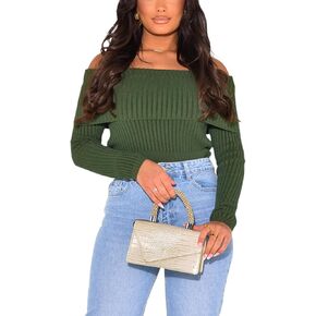 Women's Off Shoulder Long Sleeve Ribbed Knit Pullover Sweater Casual Basic Crop y2k Tops