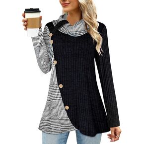 Cestyle Women's Cowl Neck Tunic Sweater Long Sleeve Christmas Sweatshirts Holiday Plaid Tops Winter