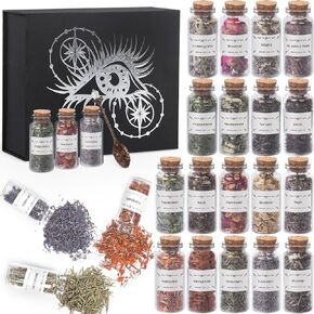 Witchcraft Supplies Herbs and Flowers Kit - 24 Pieces of Natural Dried Herbs Set with Crystals Spoon - Witchy Beginners Experienced Dried Herbs Box for Spells Rituals Room Altar Decor