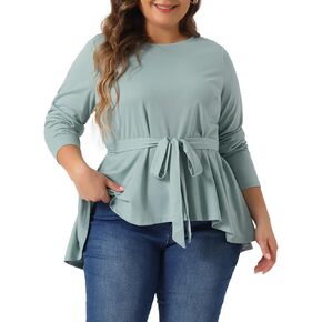 Agnes Orinda Plus Size Tops for Women Crew Neck High Low Asymmetrical Irregular Hem Casual Blouse Shirt with Belt