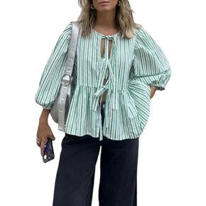 قميص Y2k Peplum للسيدات بأكمام قصيرة منتفخة وبلوزة بفيونكة وربطة عنق مفتوحة من الأمام وبحافة مكشكشة وبلوزات علوية ملابس الشارع in Kuwait