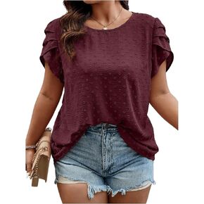 SOLY HUX Women's Plus Size Tops Swiss Dots Petal Short Sleeve Casual Blouse Top