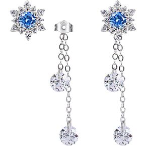 Snowflake Stud Earrings for Women 14K white gold plating S925 Sterling Silver earrings, 2in1 Sparkle Blue Crystal Snowflake Dangle Earrings for Christmas Winter Holiday Gifts