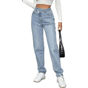 SweatyRocks Women's High Waisted Straight Leg Long Jeans Asymmetrical Waist Denim Pants Solid Pale Blue L