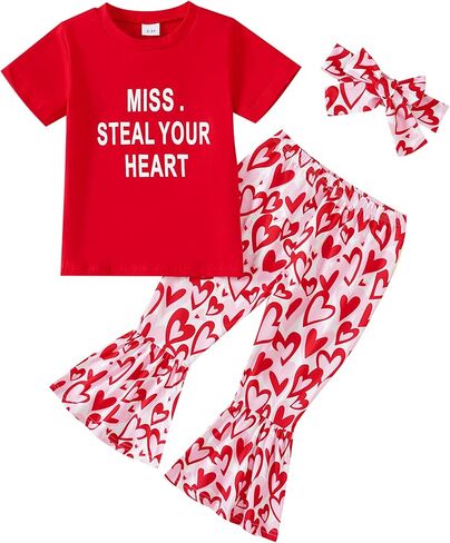 Tinypainter Toddler Girl Valentines Day Outfit Letter T-Shirt+Love Heart Bell Buttoms Pants+Headband Summer Clothes Set 2-7T in Kuwait