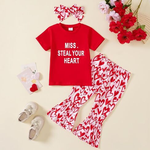 Tinypainter Toddler Girl Valentines Day Outfit Letter T-Shirt+Love Heart Bell Buttoms Pants+Headband Summer Clothes Set 2-7T in Kuwait