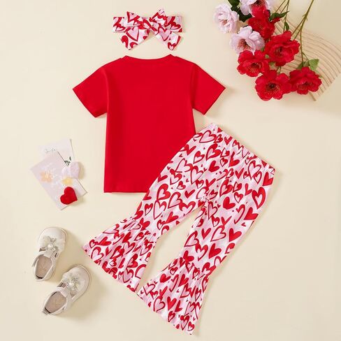 Tinypainter Toddler Girl Valentines Day Outfit Letter T-Shirt+Love Heart Bell Buttoms Pants+Headband Summer Clothes Set 2-7T in Kuwait