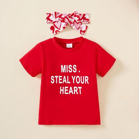 Tinypainter Toddler Girl Valentines Day Outfit Letter T-Shirt+Love Heart Bell Buttoms Pants+Headband Summer Clothes Set 2-7T in Kuwait
