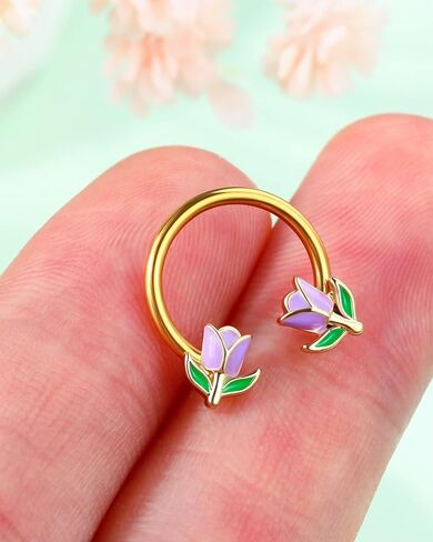 Jewseen 2PCS Flower Septum Ring 16g Tulip Septum Jewelry Gold Septum Piercing Jewelry Gold Cartilage Earring Surgical Steel Helix Diath Conch Piercing Jewelry Floral Nose Hoop for Women Men in Kuwait