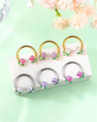 Jewseen 2PCS Flower Septum Ring 16g Tulip Septum Jewelry Gold Septum Piercing Jewelry Gold Cartilage Earring Surgical Steel Helix Diath Conch Piercing Jewelry Floral Nose Hoop for Women Men in Kuwait
