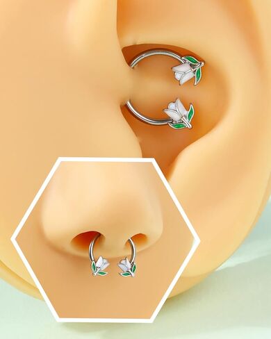 Jewseen 2PCS Flower Septum Ring 16g Tulip Septum Jewelry Gold Septum Piercing Jewelry Gold Cartilage Earring Surgical Steel Helix Diath Conch Piercing Jewelry Floral Nose Hoop for Women Men in Kuwait