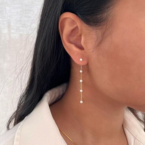 Pearl Earrings for Women - 18K Long Pearl Dangle Earrings Bridal Wedding Earrings Gold Pearl Drop Earrings for Women Elegant Jewelry Gifts in Saudi Arabia