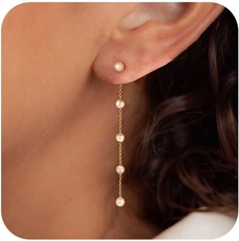 Pearl Earrings for Women - 18K Long Pearl Dangle Earrings Bridal Wedding Earrings Gold Pearl Drop Earrings for Women Elegant Jewelry Gifts in Saudi Arabia