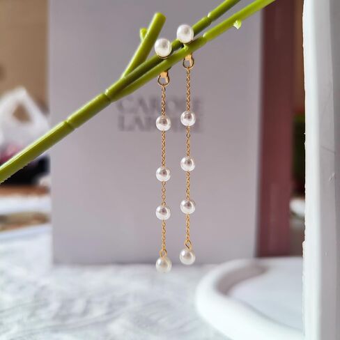 Pearl Earrings for Women - 18K Long Pearl Dangle Earrings Bridal Wedding Earrings Gold Pearl Drop Earrings for Women Elegant Jewelry Gifts in Saudi Arabia