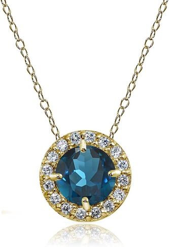 Ice Gems Sterling Silver, Yellow or Rose Gold Flashed London Blue Topaz and White Topaz Round Halo Necklace in Kuwait