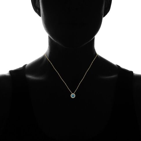 Ice Gems Sterling Silver, Yellow or Rose Gold Flashed London Blue Topaz and White Topaz Round Halo Necklace in Kuwait