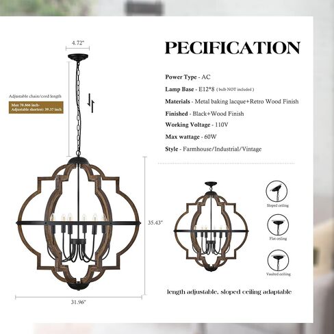 8-Light مزرعة الخشب قلادة ضوء، 31.96 '' خمر ريفي البني البلوط الخشب الثريات، الرجعية الصناعية شنقا تركيبات الإضاءة لمدخل غرفة الطعام، غرفة نوم in Saudi Arabia