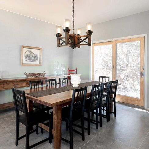 Wood Farmhouse Rustic Chandelier 4 Lights with Glass Shades, 22.8 inches Industrial Dinning Table Pendant Lamp Vintage Edison Hanging Light Fixture, Brown & Black, C0075 in Kuwait