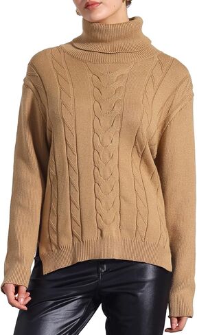Allegra K Women's Oversized Sweaters Turtleneck Spilt Hem Cable Knit Pullover Tops in Kuwait