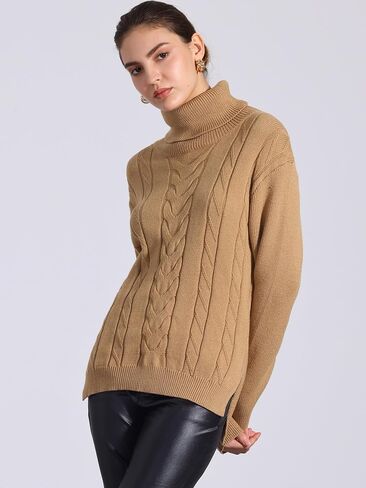 Allegra K Women's Oversized Sweaters Turtleneck Spilt Hem Cable Knit Pullover Tops in Kuwait