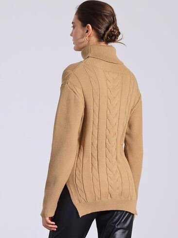 Allegra K Women's Oversized Sweaters Turtleneck Spilt Hem Cable Knit Pullover Tops in Kuwait