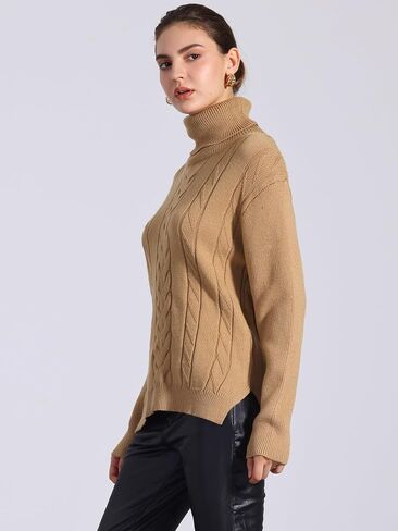 Allegra K Women's Oversized Sweaters Turtleneck Spilt Hem Cable Knit Pullover Tops in Kuwait