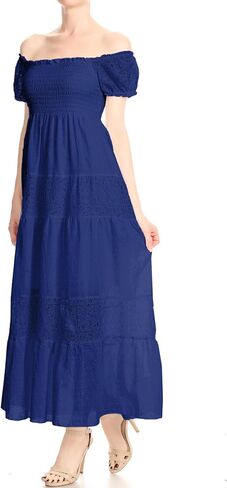 Anna-Kaci Women’s Boho-Chic Off-Shoulder Lace Maxi Dress with Smocked Detailing in Saudi Arabia