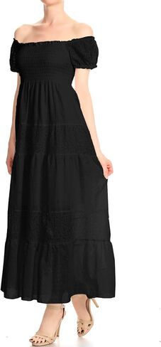 Anna-Kaci Women’s Boho-Chic Off-Shoulder Lace Maxi Dress with Smocked Detailing in Saudi Arabia