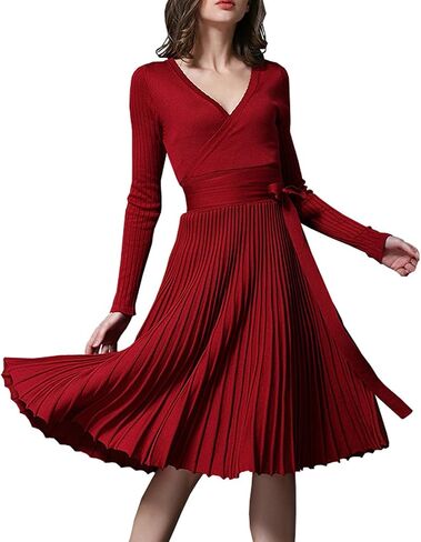 R.Vivimos Women's Autumn Long Sleeve V Neck Elegant Knitted Slim Knee-Length A-Line Sweater Dress in Kuwait